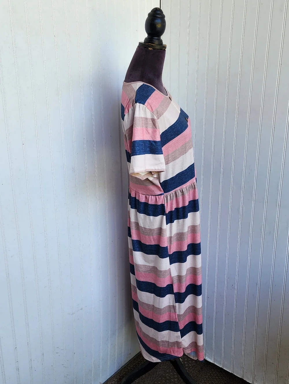 Emery Rose Curve 2XL Pink Blue Beige Knit Stretch Short SLEEVE DRESs Button - Picture 8 of 16